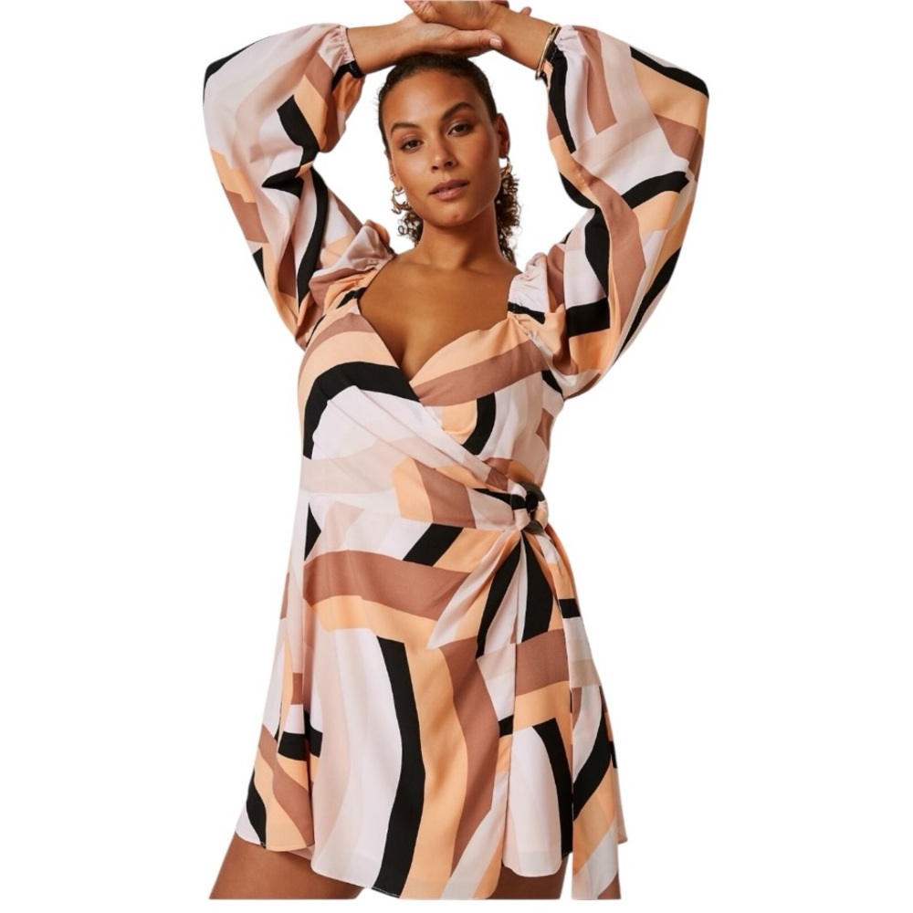 Anthropologie Hutch Geo Wrap Mini Dress Pink Peach Abstract Balloon Sleeve Large